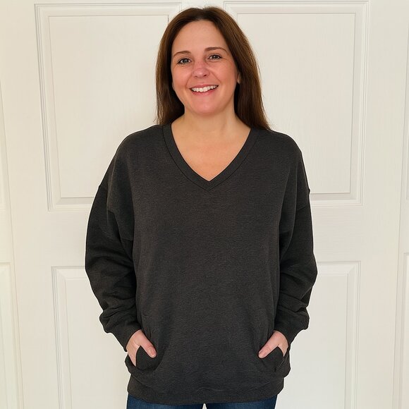 Zenana Charcoal Gray V Neck Sweatshirt Large - Picture 1 of 11